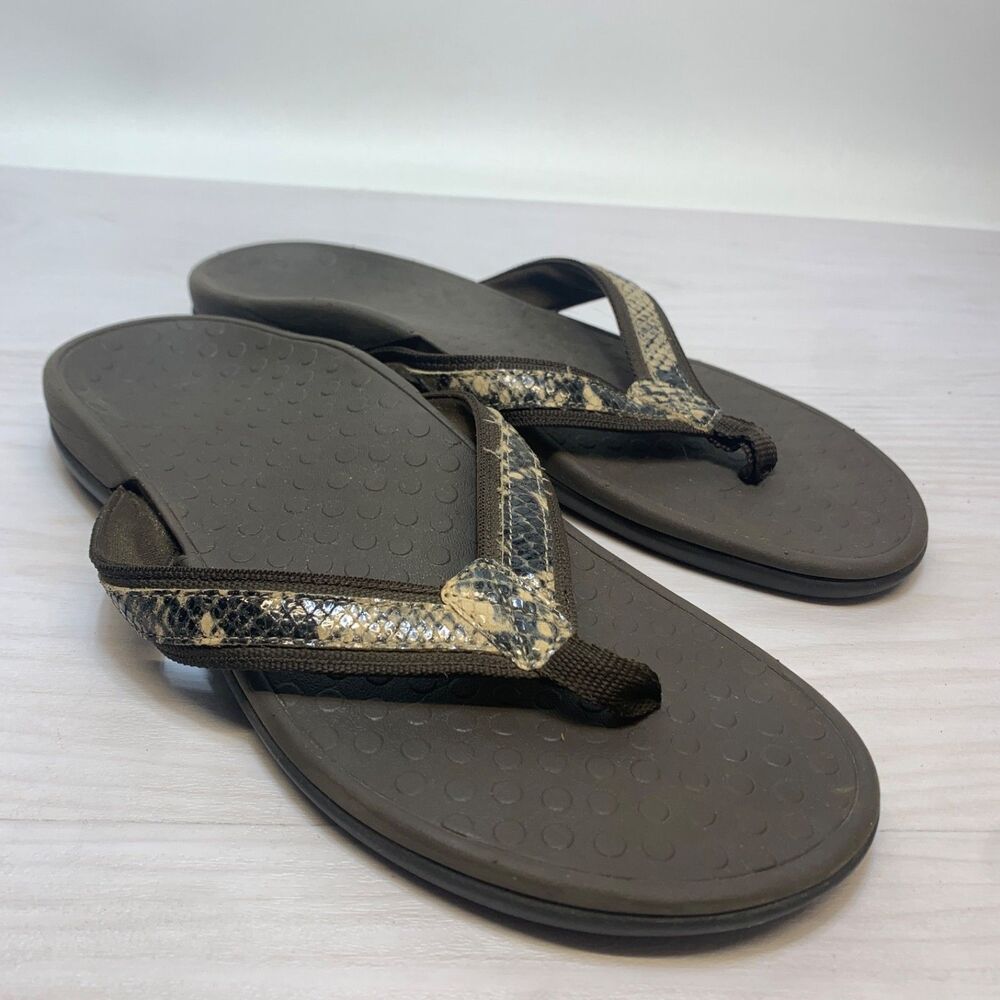 VIONIC 44Tide Snake Skin Sandals Orthopedic Size 10 Flip Flops Brown T-Strap